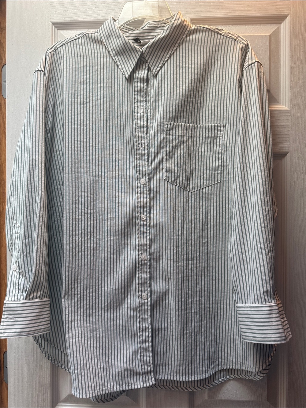 Athleta Oversized White and Green Pinstripe Button-Up Shirt
